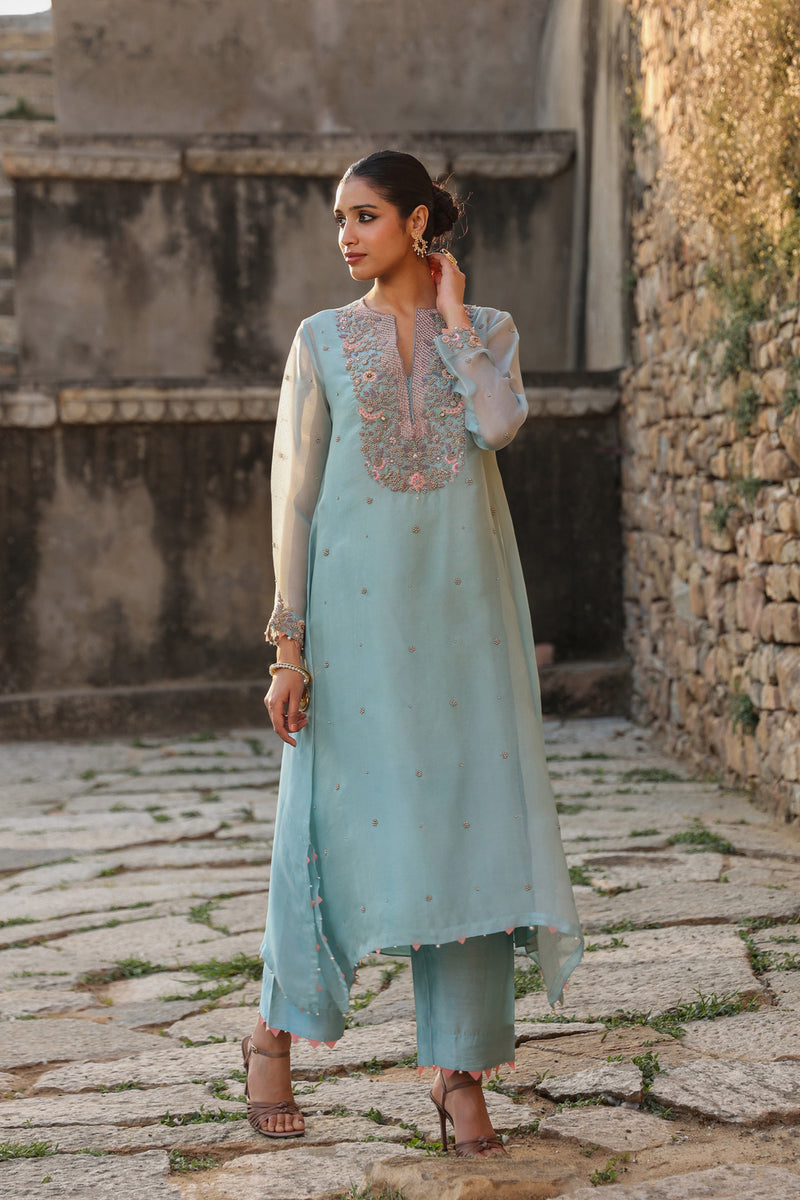 Vaayu Light Blue Heavy Neck Kurta Set organza , silk tencel kurta/kurta set by Niti Bothra in light blue for women Worldwide