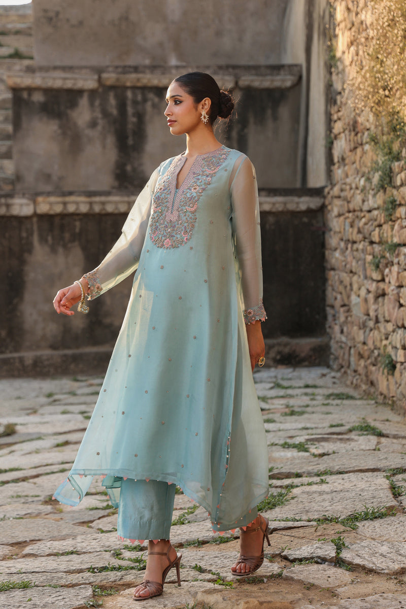 Vaayu Light Blue Heavy Neck Kurta Set organza , silk tencel kurta/kurta set by Niti Bothra in light blue for women Worldwide