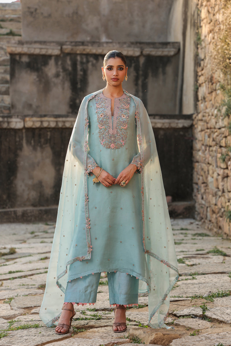 Vaayu Light Blue Heavy Neck Kurta Set organza , silk tencel kurta/kurta set by Niti Bothra in light blue for women Worldwide