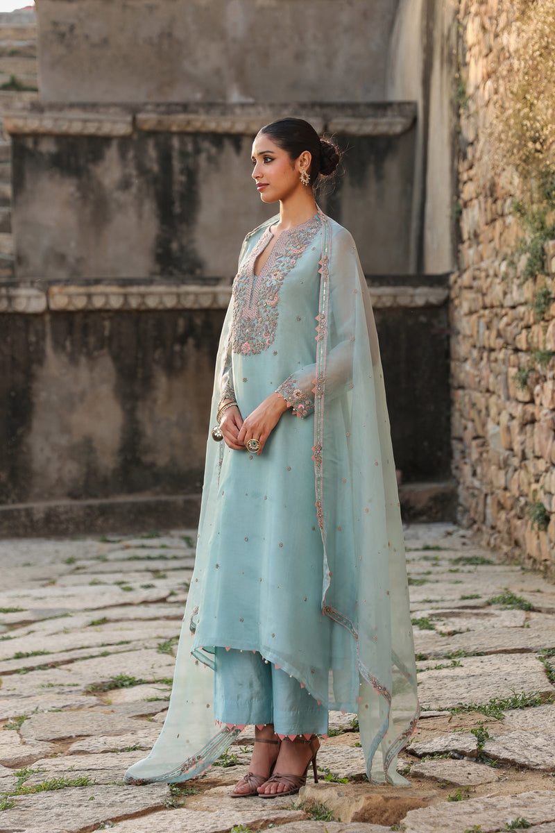 Vaayu Light Blue Heavy Neck Kurta Set organza , silk tencel kurta/kurta set by Niti Bothra in light blue for women Worldwide