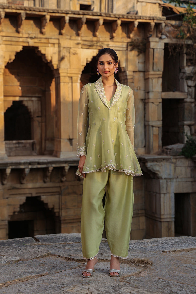Vaayu Green Short Kalidar Set organza , silk tencel kurta/kurta set by Niti Bothra in green for women Worldwide