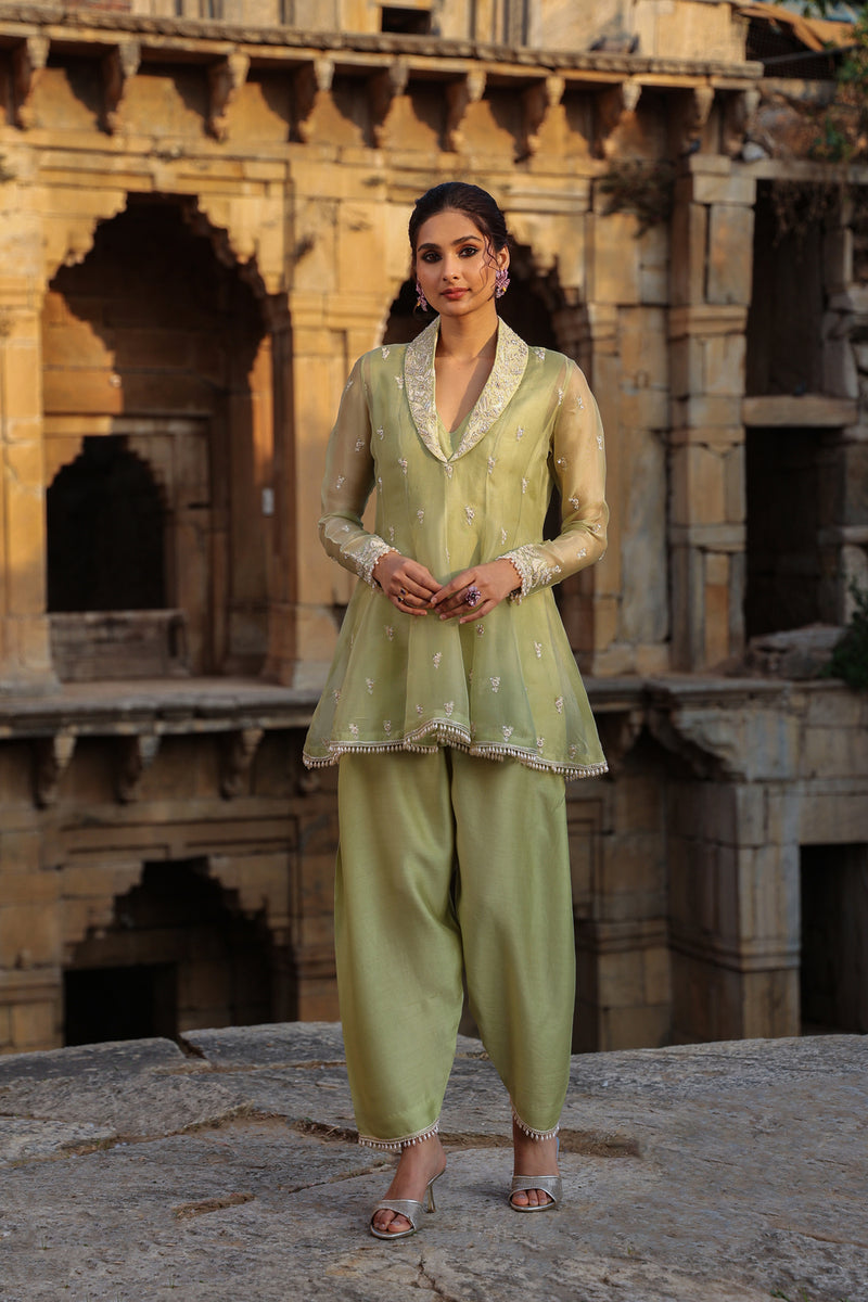 Vaayu Green Short Kalidar Set organza , silk tencel kurta/kurta set by Niti Bothra in green for women Worldwide