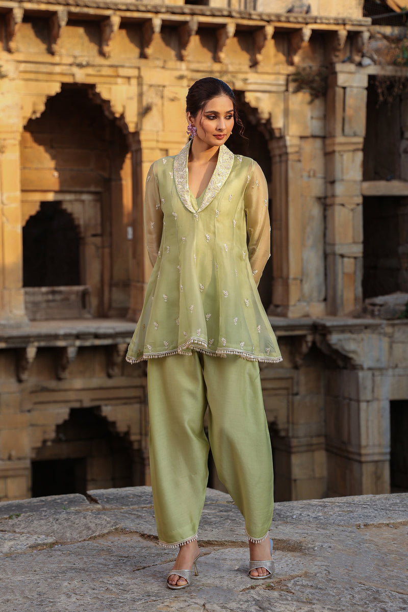 Vaayu Green Short Kalidar Set organza , silk tencel kurta/kurta set by Niti Bothra in green for women Worldwide