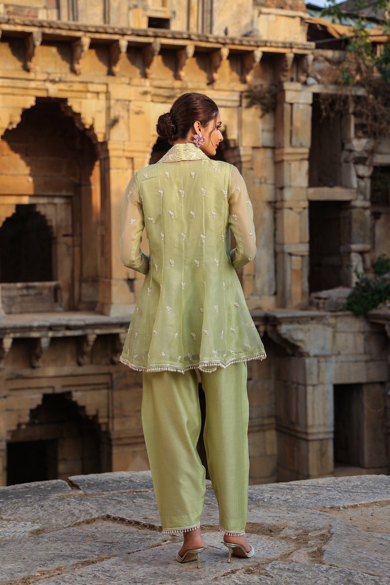 Vaayu Green Short Kalidar Set organza , silk tencel kurta/kurta set by Niti Bothra in green for women Worldwide