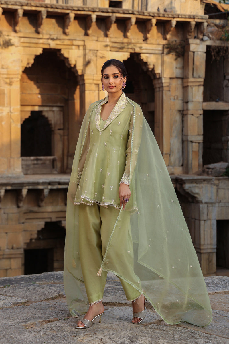 Vaayu Green Short Kalidar Set organza , silk tencel kurta/kurta set by Niti Bothra in green for women Worldwide