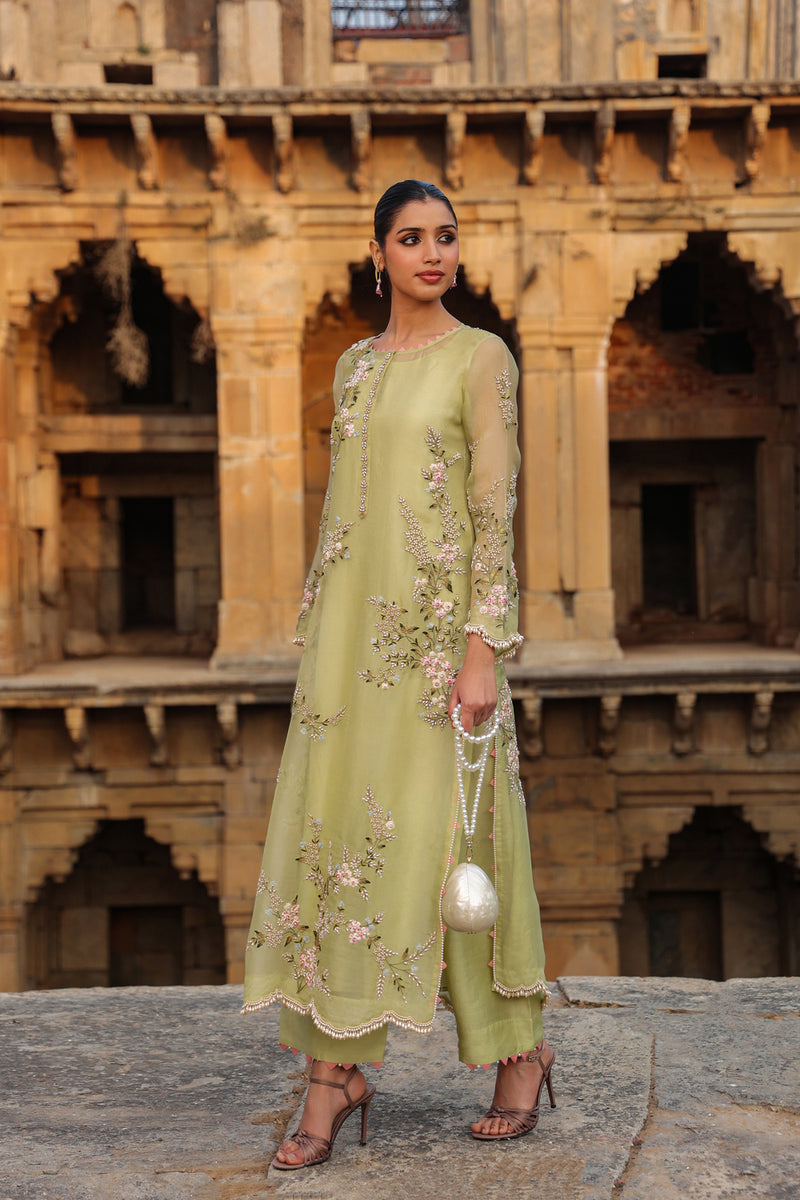 Vaayu Green Multicolor Jaal Kurta Set organza , silk tencel kurta/kurta set by Niti Bothra in green for women Worldwide
