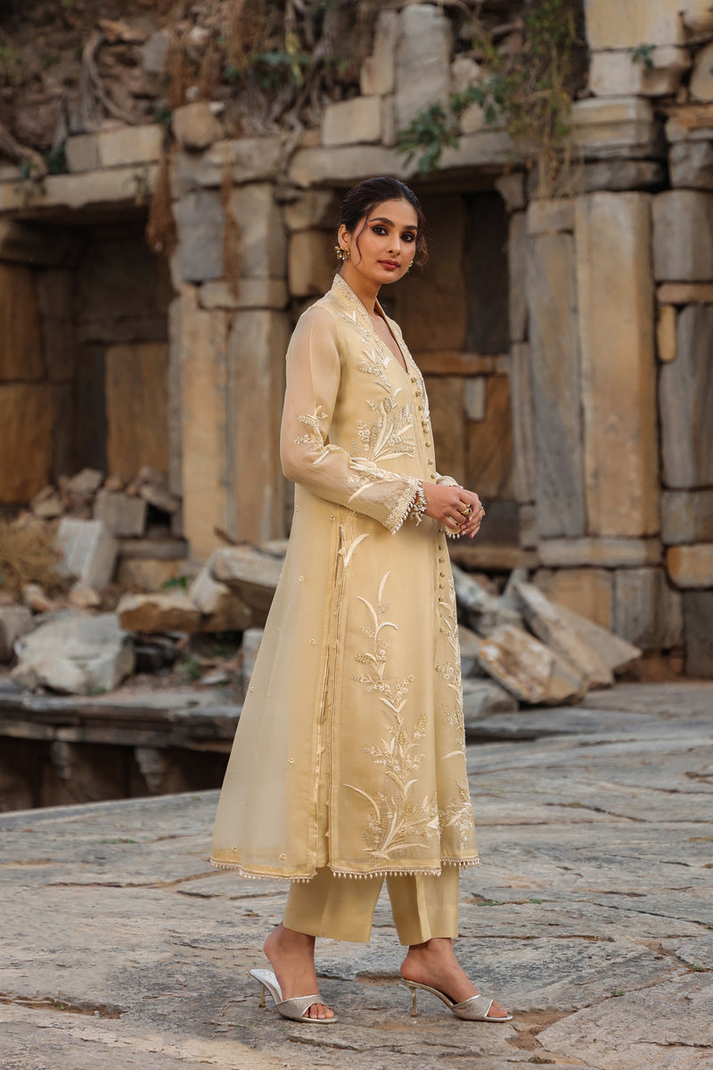 Vaayu Beige Heavy Jacket Kurta Set organza , silk tencel kurta/kurta set by Niti Bothra in beige for women Worldwide