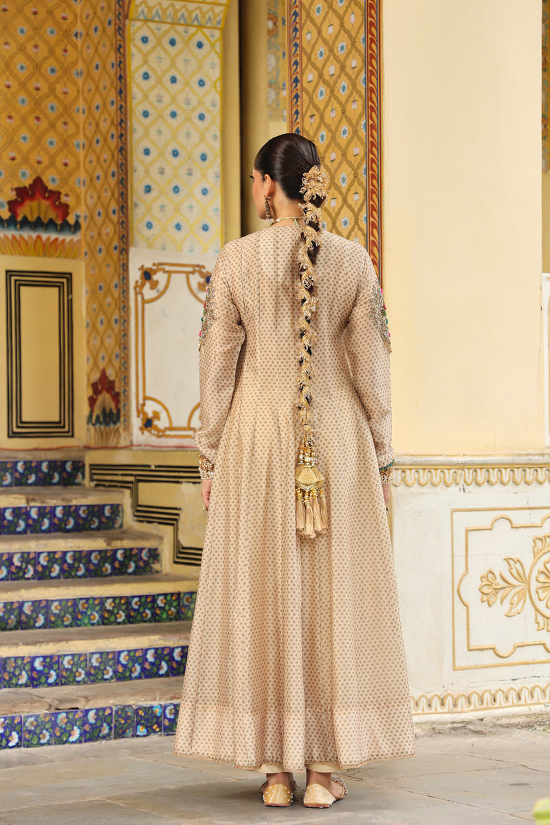 Ahista Ivory Printed Heavy Angrakha silk chanderi kurta/kurta set by Niti Bothra in ivory for women Worldwide