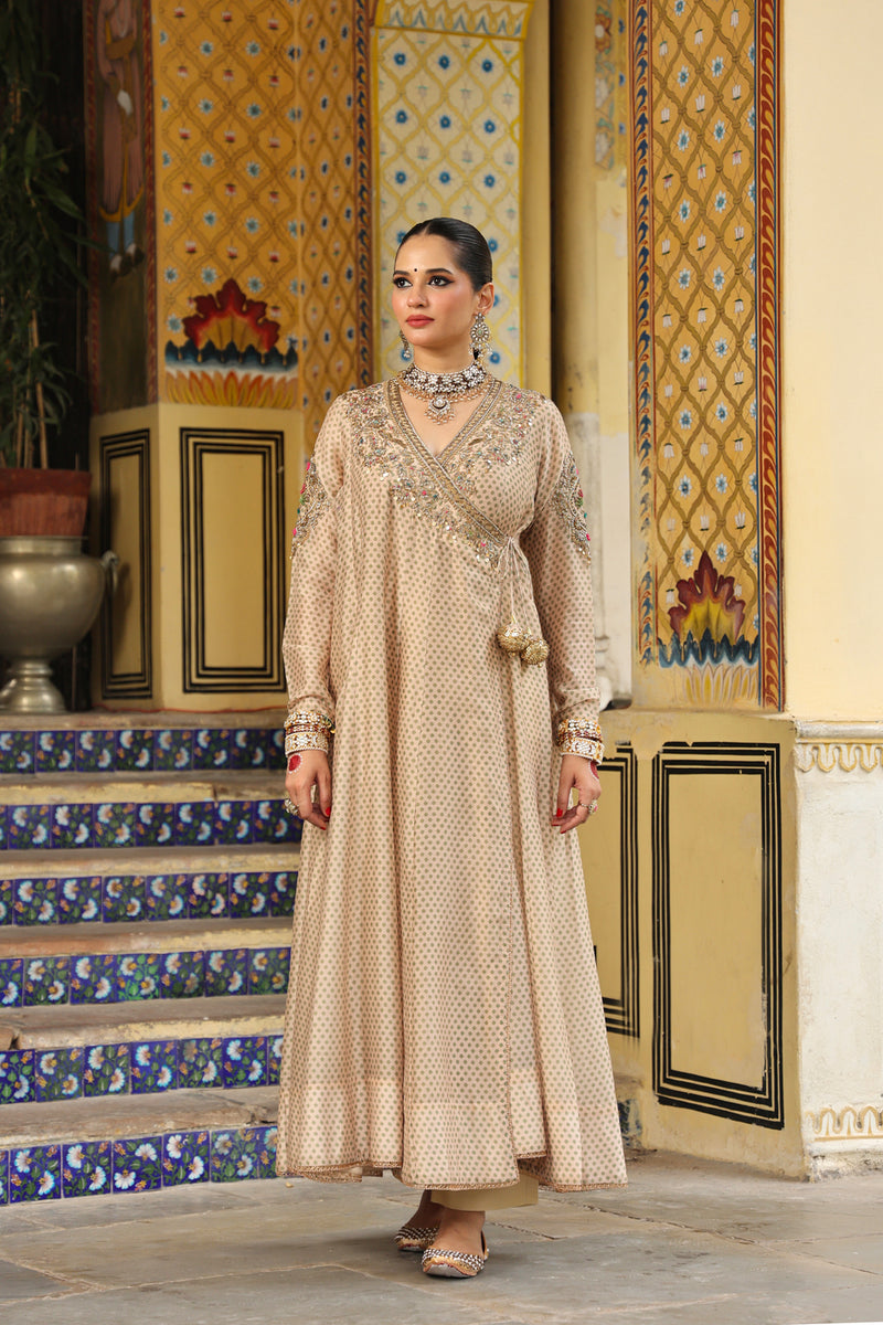 Ahista Ivory Printed Heavy Angrakha silk chanderi kurta/kurta set by Niti Bothra in ivory for women Worldwide