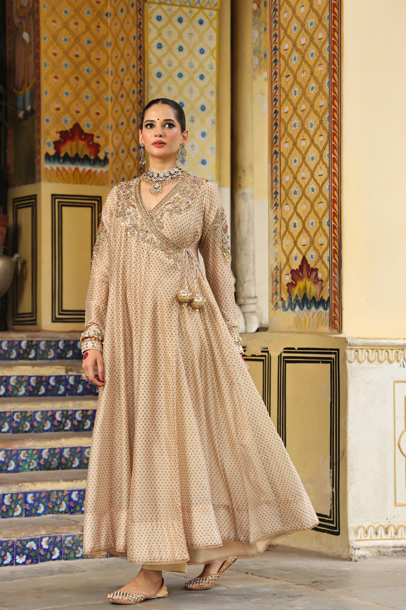 Ahista Ivory Printed Heavy Angrakha silk chanderi kurta/kurta set by Niti Bothra in ivory for women Worldwide