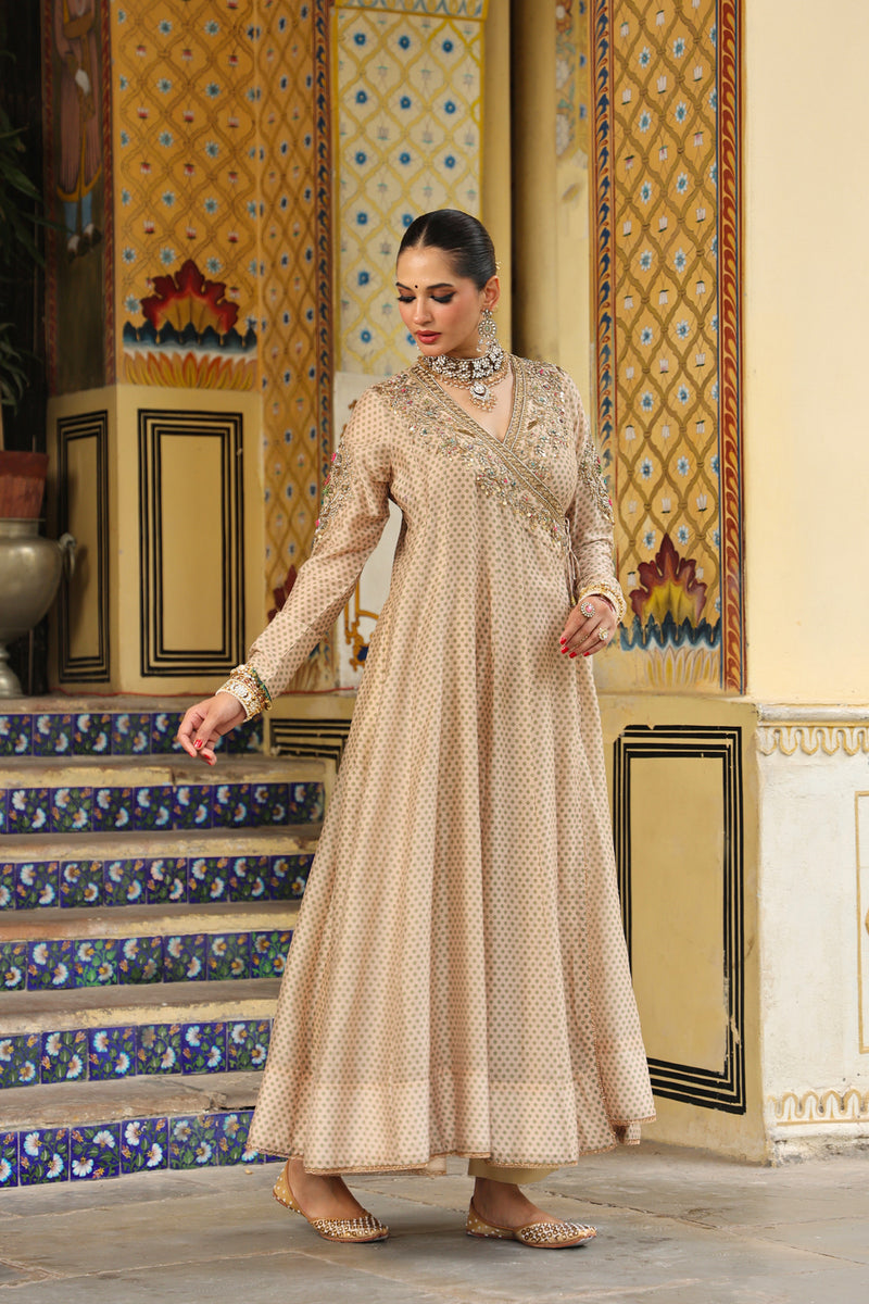 Ahista Ivory Printed Heavy Angrakha silk chanderi kurta/kurta set by Niti Bothra in ivory for women Worldwide