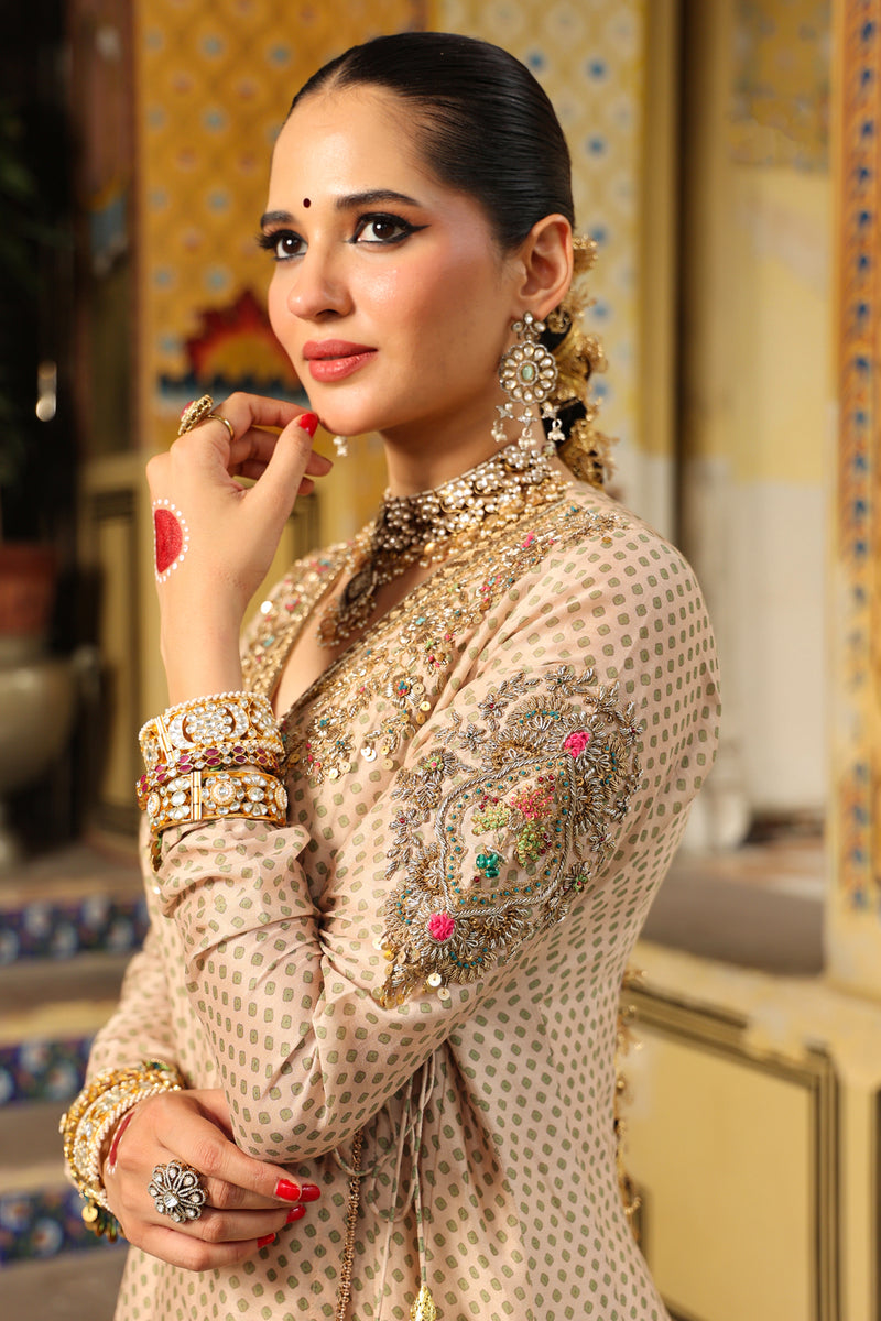 Ahista Ivory Printed Heavy Angrakha silk chanderi kurta/kurta set by Niti Bothra in ivory for women Worldwide