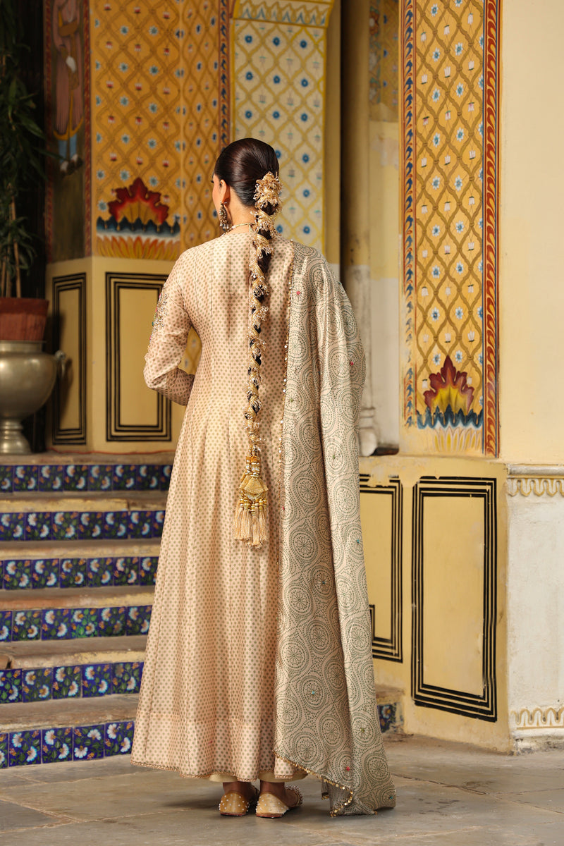 Ahista Ivory Printed Heavy Angrakha silk chanderi kurta/kurta set by Niti Bothra in ivory for women Worldwide