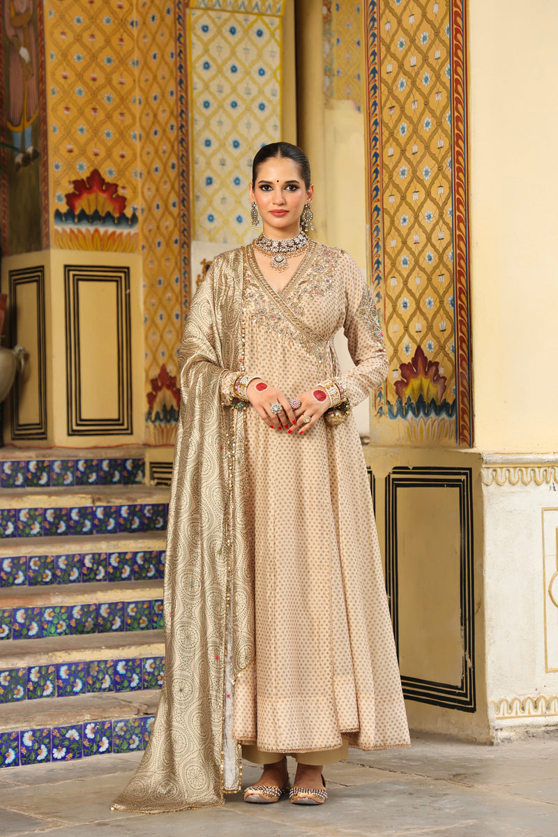 Ahista Ivory Printed Heavy Angrakha silk chanderi kurta/kurta set by Niti Bothra in ivory for women Worldwide