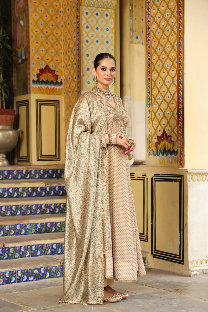 Ahista Ivory Printed Heavy Angrakha silk chanderi kurta/kurta set by Niti Bothra in ivory for women Worldwide