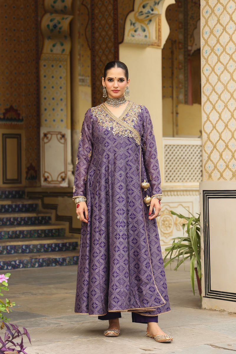 Ahista Purple Printed Angrakha silk chanderi kurta/kurta set by Niti Bothra in purple for women Worldwide