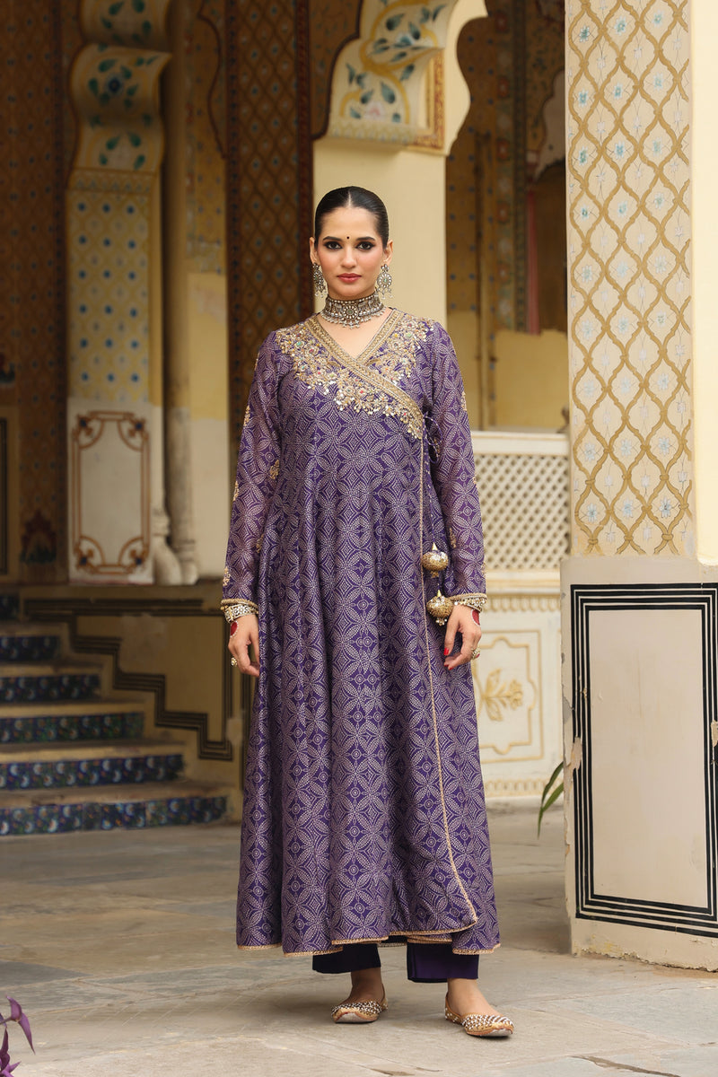 Ahista Purple Printed Angrakha silk chanderi kurta/kurta set by Niti Bothra in purple for women Worldwide