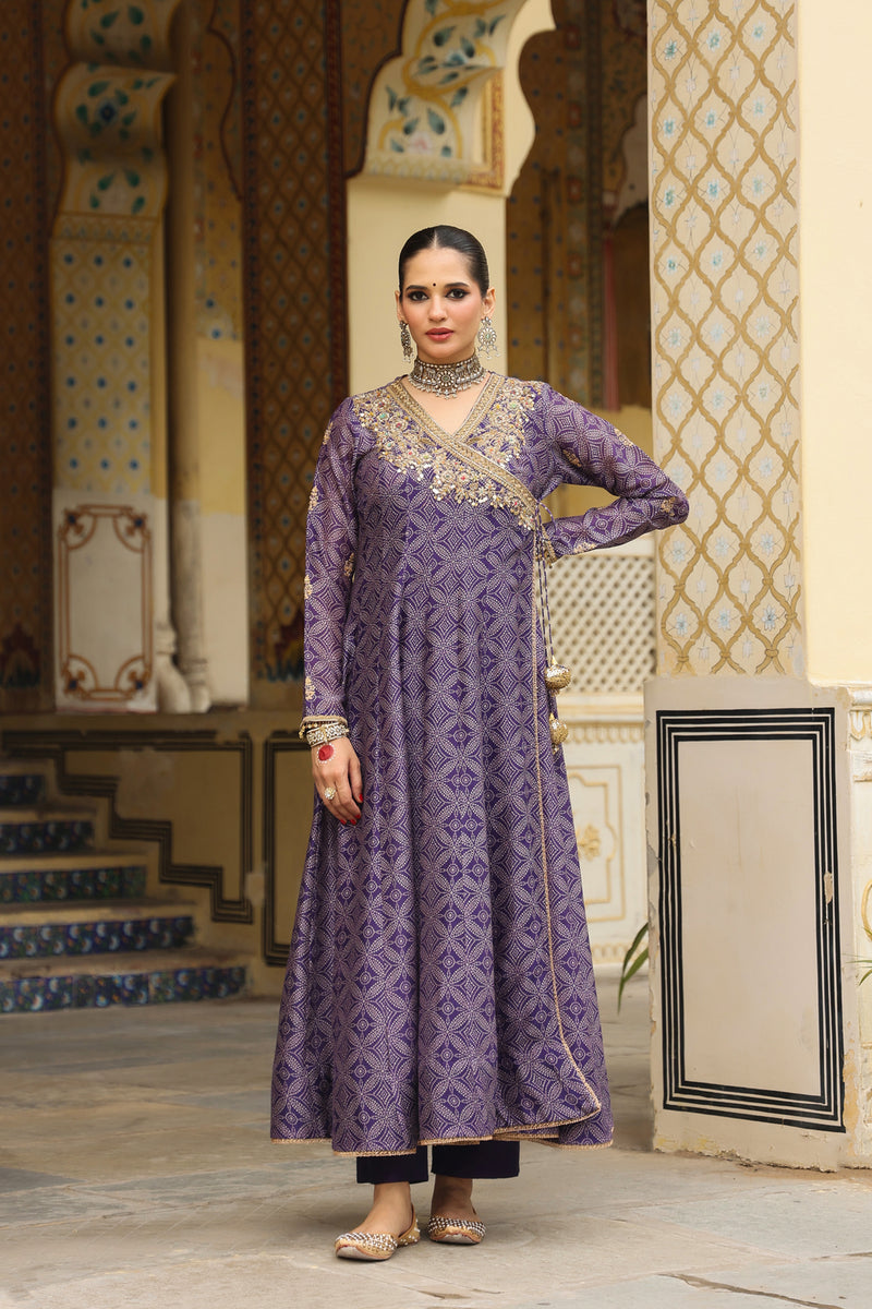Ahista Purple Printed Angrakha silk chanderi kurta/kurta set by Niti Bothra in purple for women Worldwide