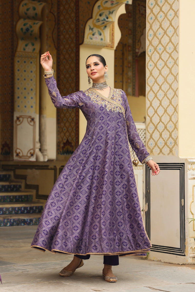 Ahista Purple Printed Angrakha silk chanderi kurta/kurta set by Niti Bothra in purple for women Worldwide