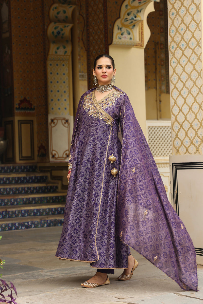 Ahista Purple Printed Angrakha silk chanderi kurta/kurta set by Niti Bothra in purple for women Worldwide