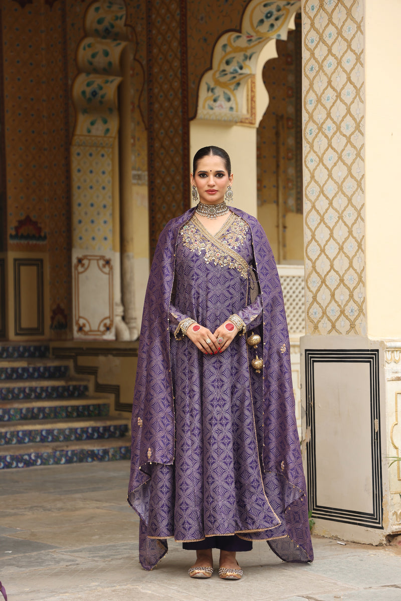 Ahista Purple Printed Angrakha silk chanderi kurta/kurta set by Niti Bothra in purple for women Worldwide
