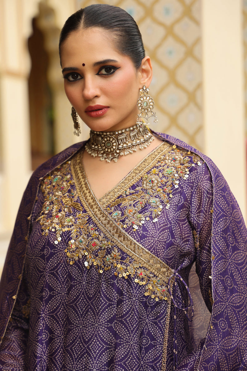 Ahista Purple Printed Angrakha silk chanderi kurta/kurta set by Niti Bothra in purple for women Worldwide