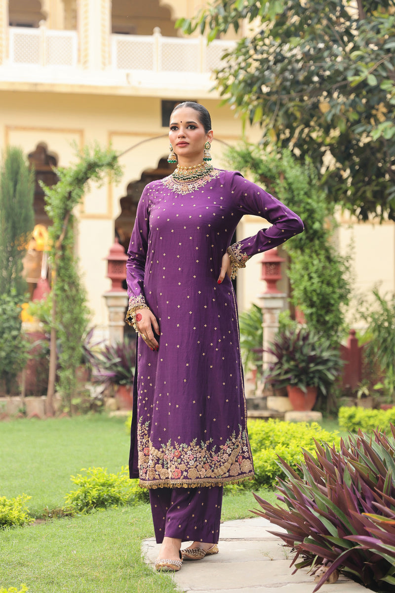 Ahista Purple Mayur Applique Long Kurta Set chiniya silk kurta/kurta set by Niti Bothra in purple for women Worldwide