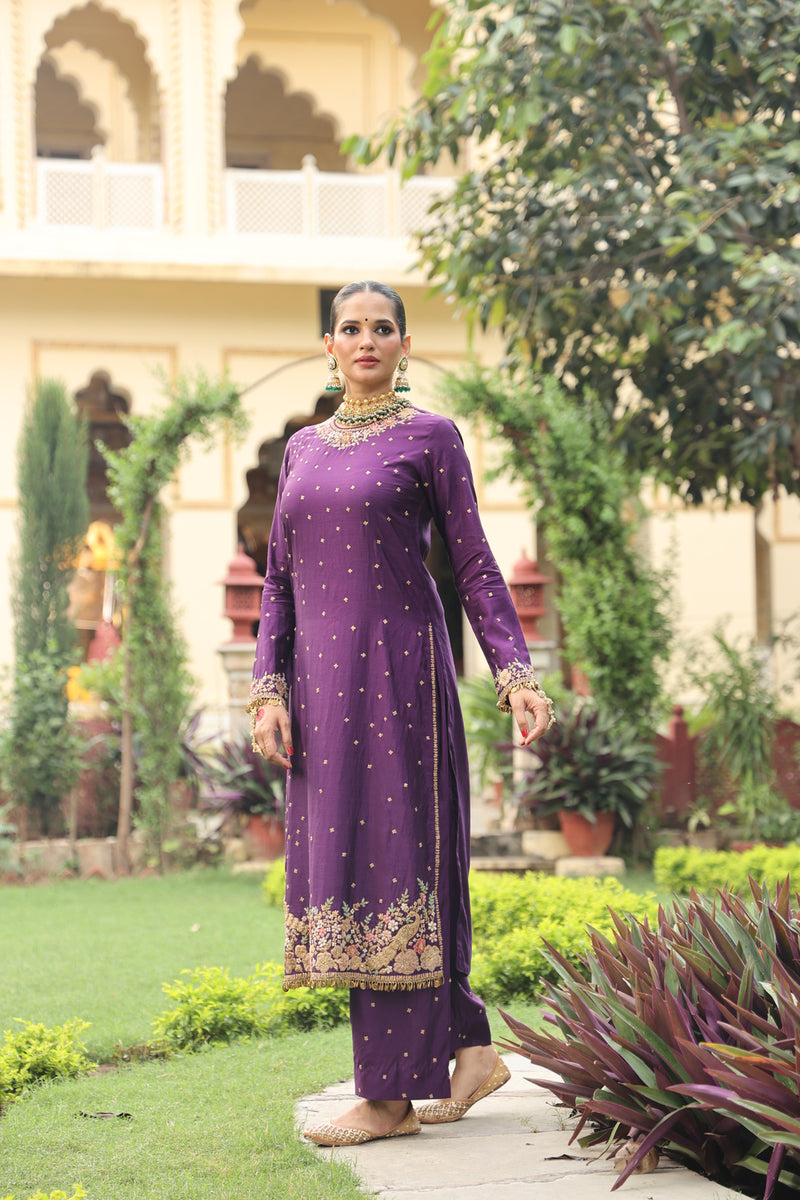Ahista Purple Mayur Applique Long Kurta Set chiniya silk kurta/kurta set by Niti Bothra in purple for women Worldwide