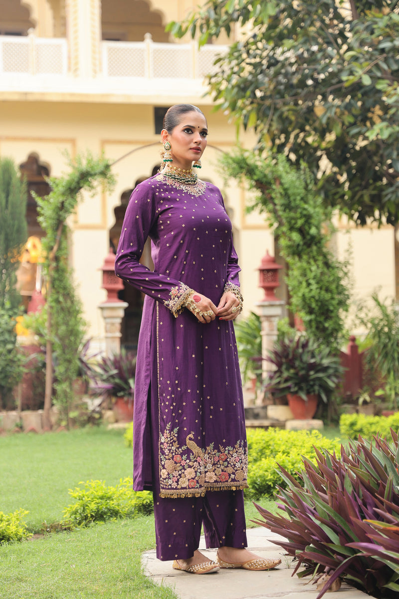Ahista Purple Mayur Applique Long Kurta Set chiniya silk kurta/kurta set by Niti Bothra in purple for women Worldwide