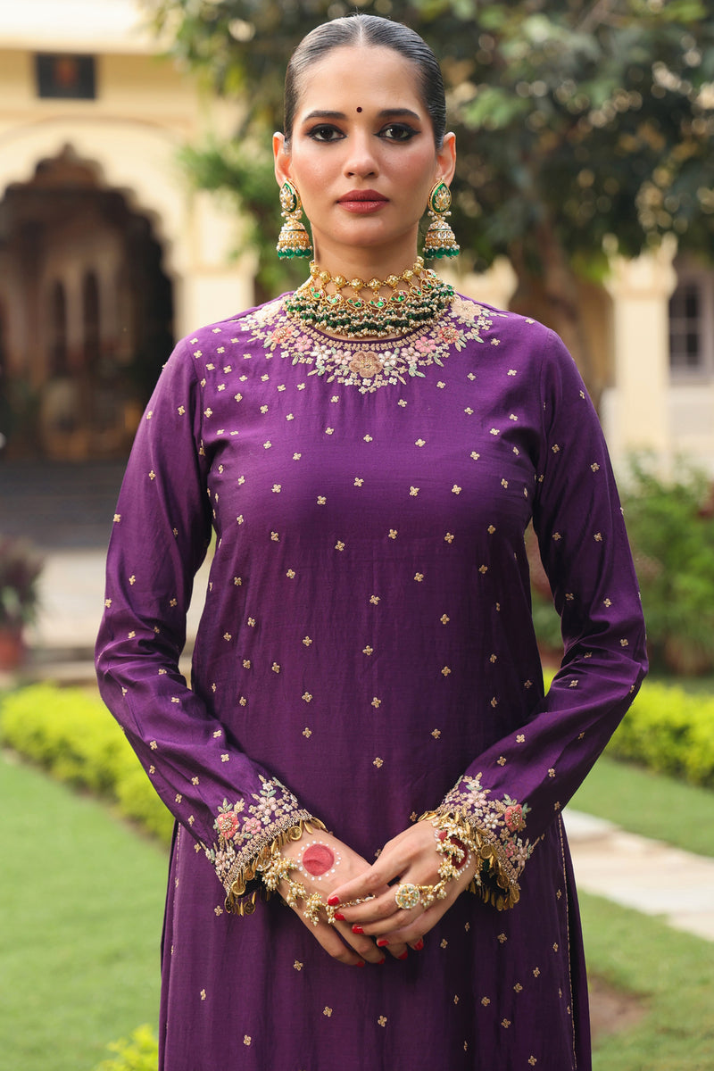 Ahista Purple Mayur Applique Long Kurta Set chiniya silk kurta/kurta set by Niti Bothra in purple for women Worldwide