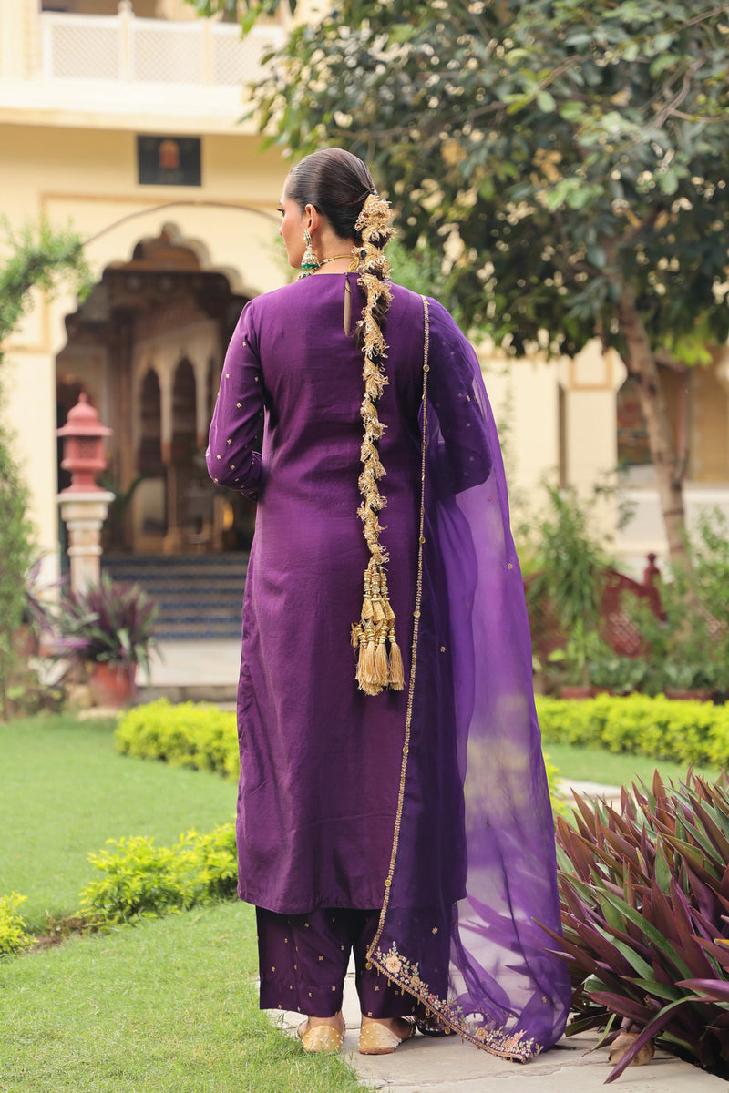 Ahista Purple Mayur Applique Long Kurta Set chiniya silk kurta/kurta set by Niti Bothra in purple for women Worldwide
