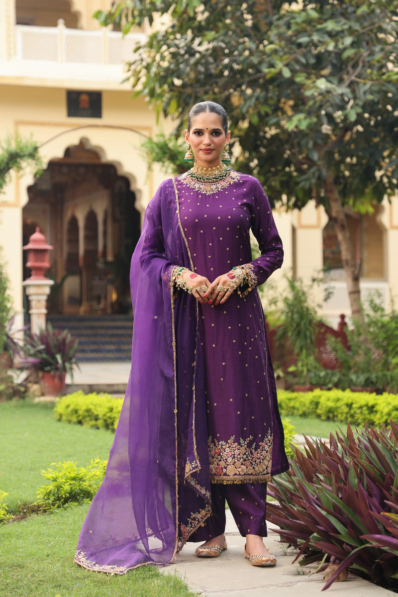 Ahista Purple Mayur Applique Long Kurta Set chiniya silk kurta/kurta set by Niti Bothra in purple for women Worldwide