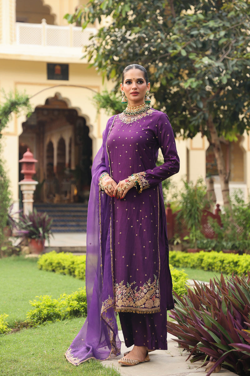 Ahista Purple Mayur Applique Long Kurta Set chiniya silk kurta/kurta set by Niti Bothra in purple for women Worldwide
