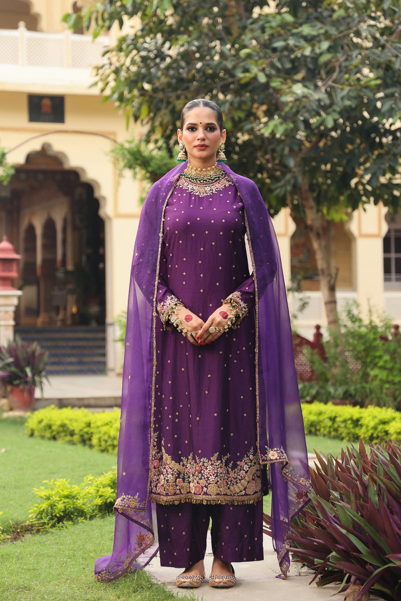 Ahista Purple Mayur Applique Long Kurta Set chiniya silk kurta/kurta set by Niti Bothra in purple for women Worldwide