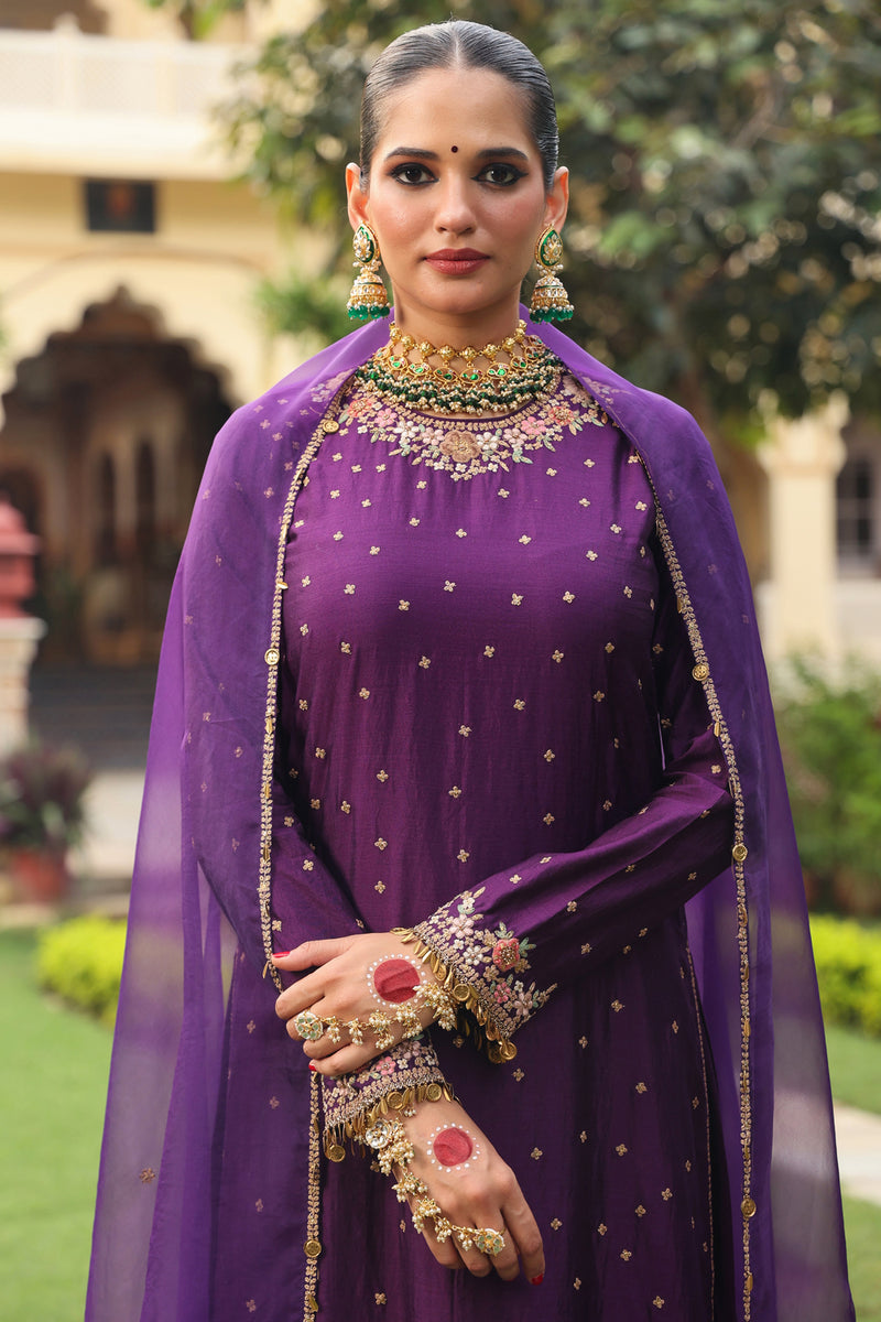 Ahista Purple Mayur Applique Long Kurta Set chiniya silk kurta/kurta set by Niti Bothra in purple for women Worldwide