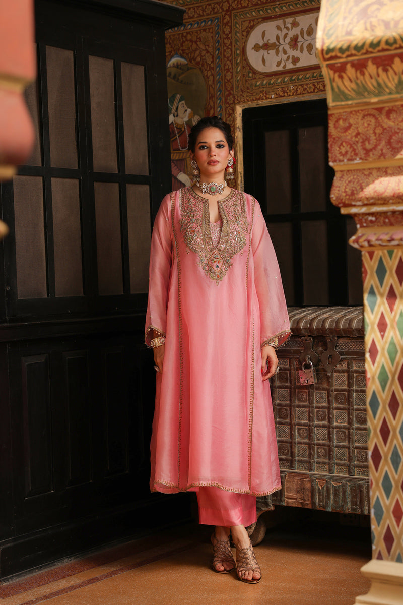 Ahista Pink Pakhi Yoke Pheran Long Kurta Set organza kurta/kurta set by Niti Bothra in light pink for women Worldwide
