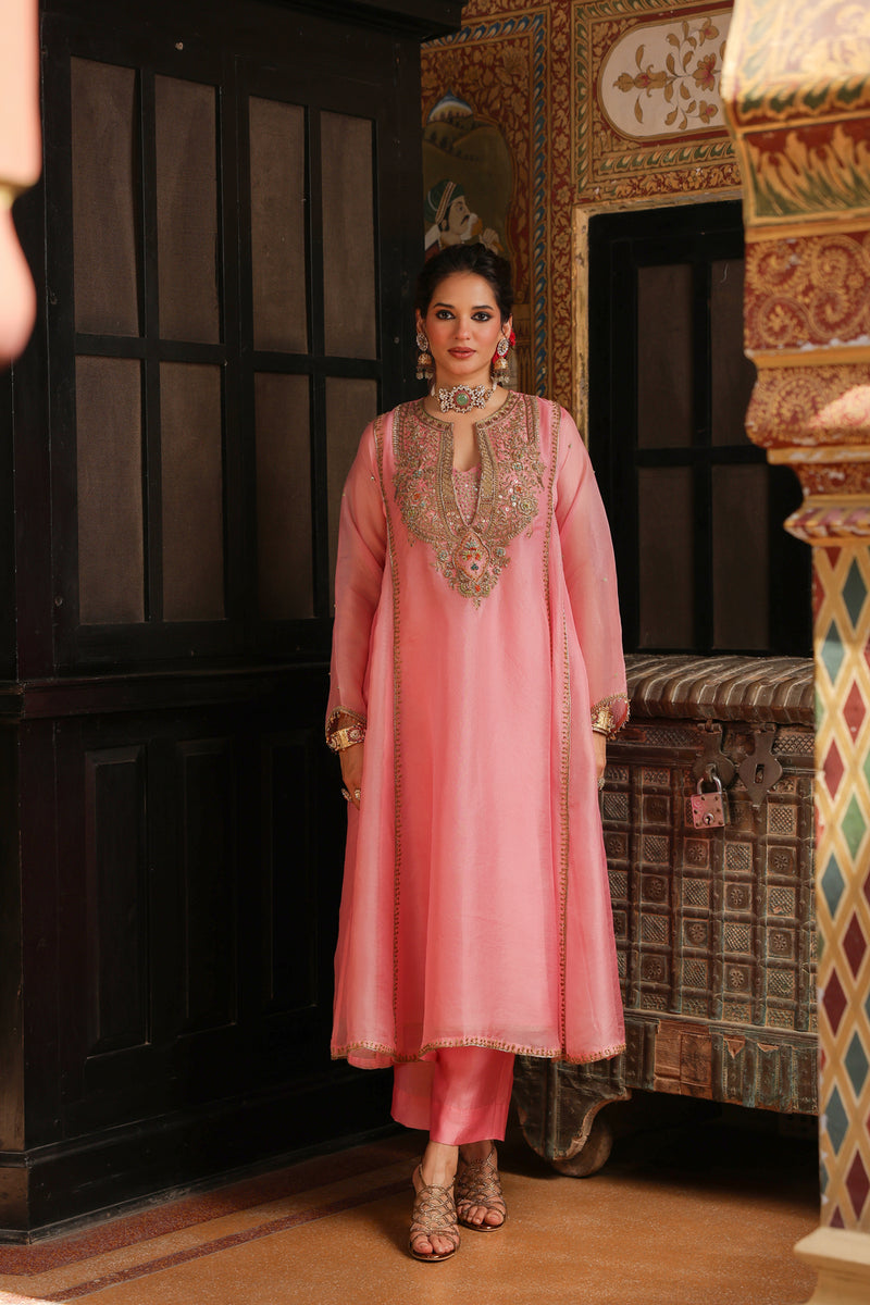 Ahista Pink Pakhi Yoke Pheran Long Kurta Set organza kurta/kurta set by Niti Bothra in light pink for women Worldwide