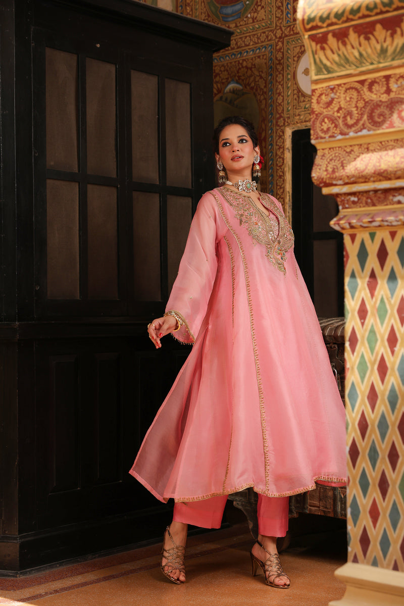 Ahista Pink Pakhi Yoke Pheran Long Kurta Set organza kurta/kurta set by Niti Bothra in light pink for women Worldwide