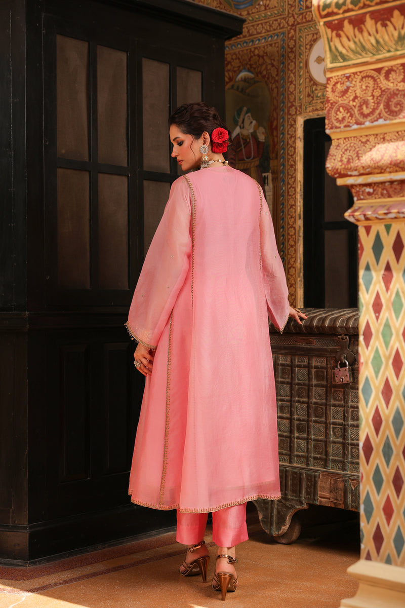 Ahista Pink Pakhi Yoke Pheran Long Kurta Set organza kurta/kurta set by Niti Bothra in light pink for women Worldwide
