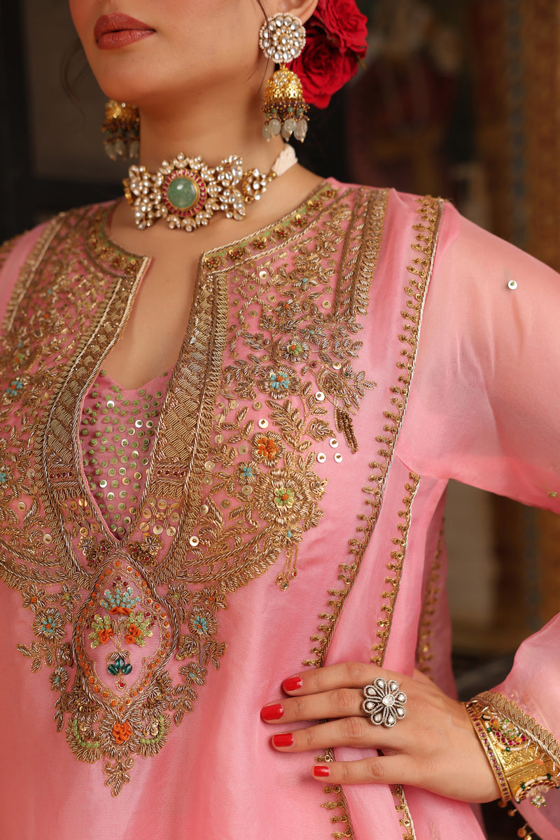 Ahista Pink Pakhi Yoke Pheran Long Kurta Set organza kurta/kurta set by Niti Bothra in light pink for women Worldwide