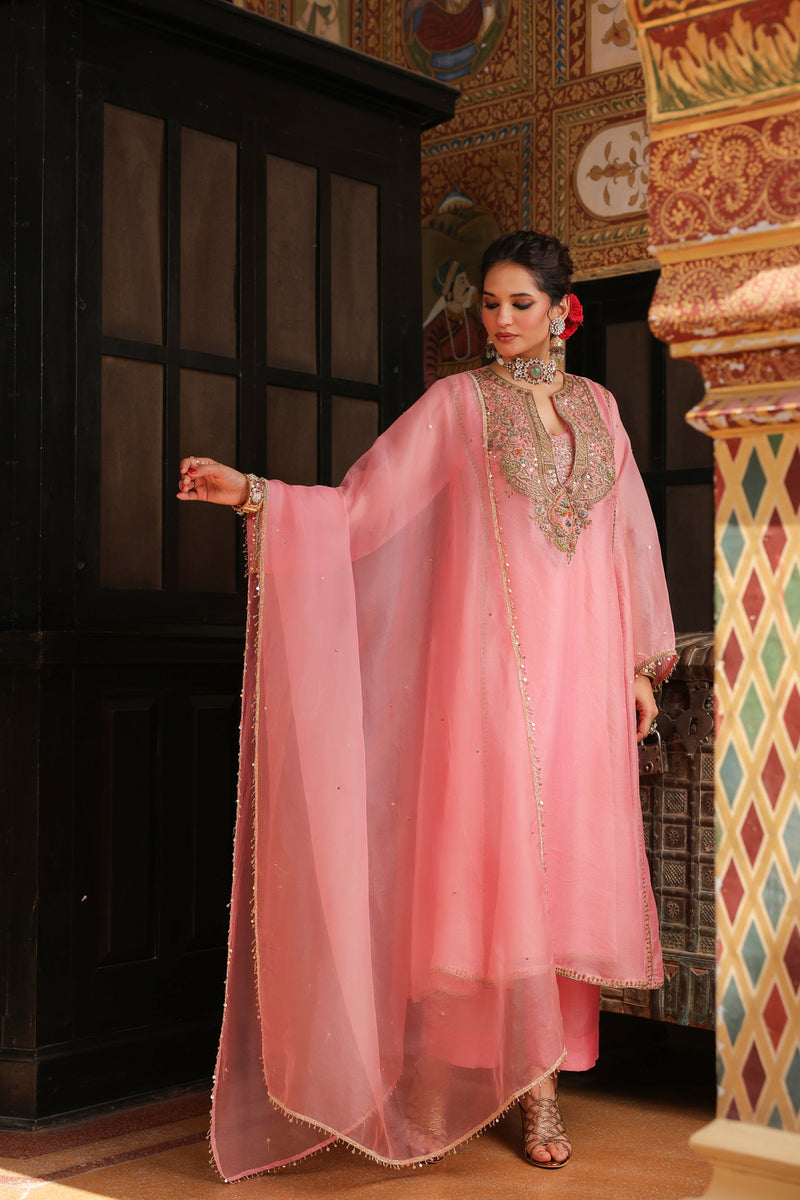 Ahista Pink Pakhi Yoke Pheran Long Kurta Set organza kurta/kurta set by Niti Bothra in light pink for women Worldwide