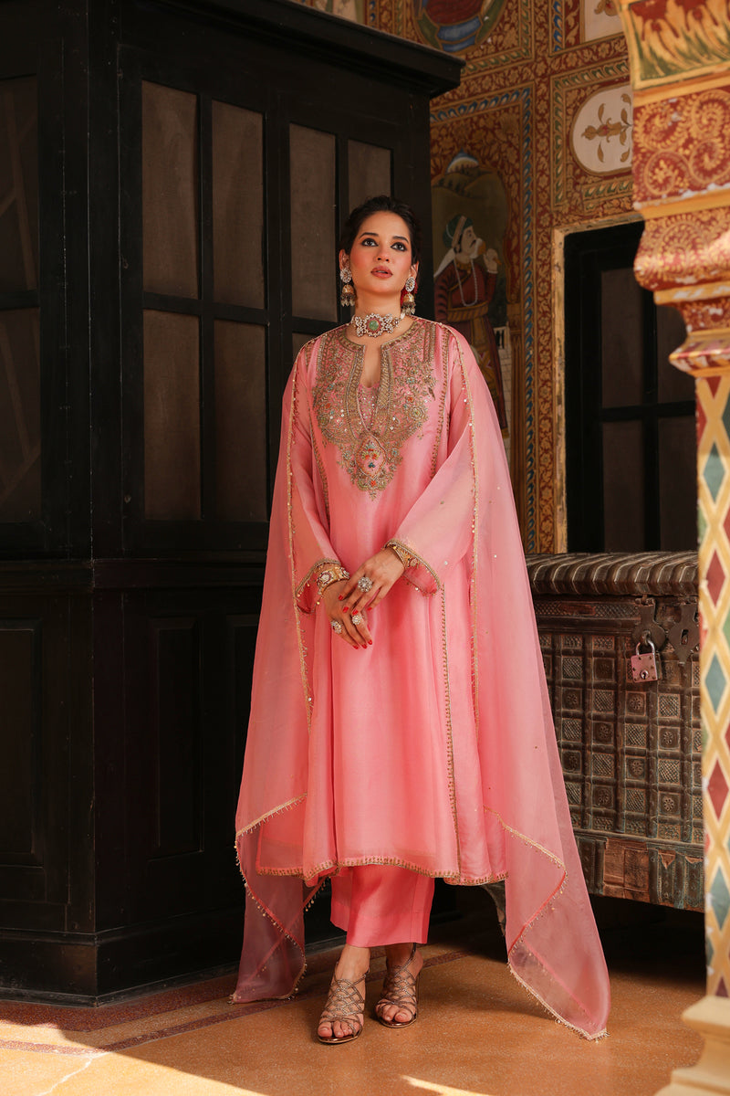 Ahista Pink Pakhi Yoke Pheran Long Kurta Set organza kurta/kurta set by Niti Bothra in light pink for women Worldwide