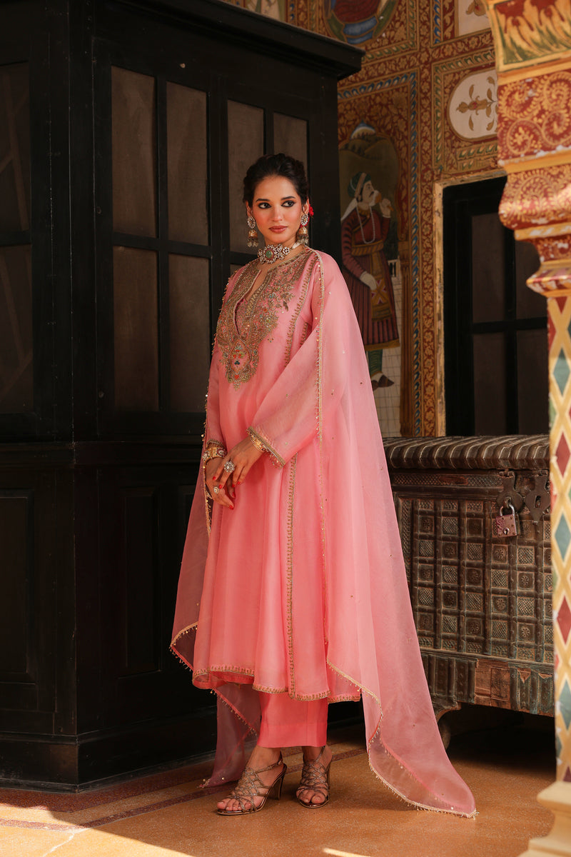 Ahista Pink Pakhi Yoke Pheran Long Kurta Set organza kurta/kurta set by Niti Bothra in light pink for women Worldwide