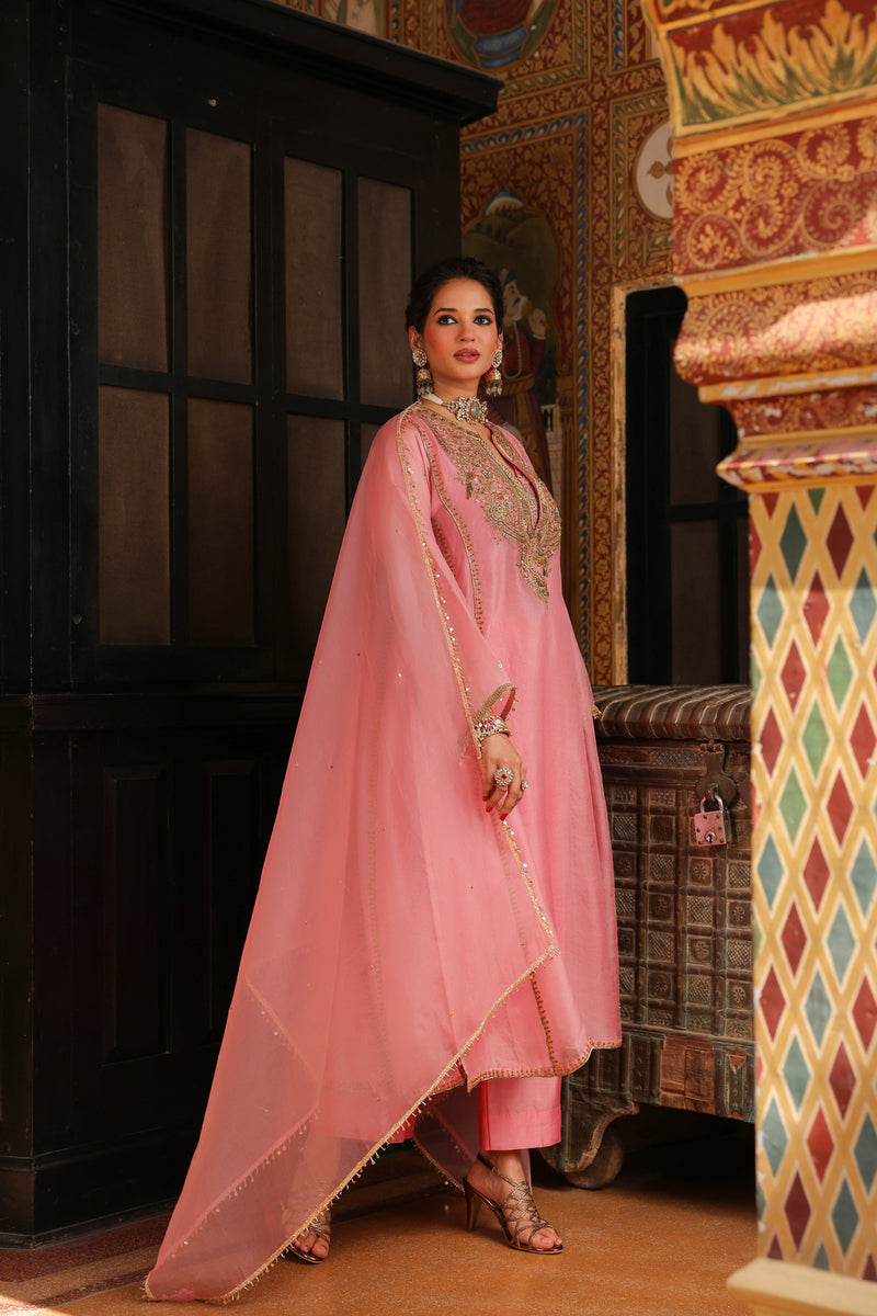 Ahista Pink Pakhi Yoke Pheran Long Kurta Set organza kurta/kurta set by Niti Bothra in light pink for women Worldwide