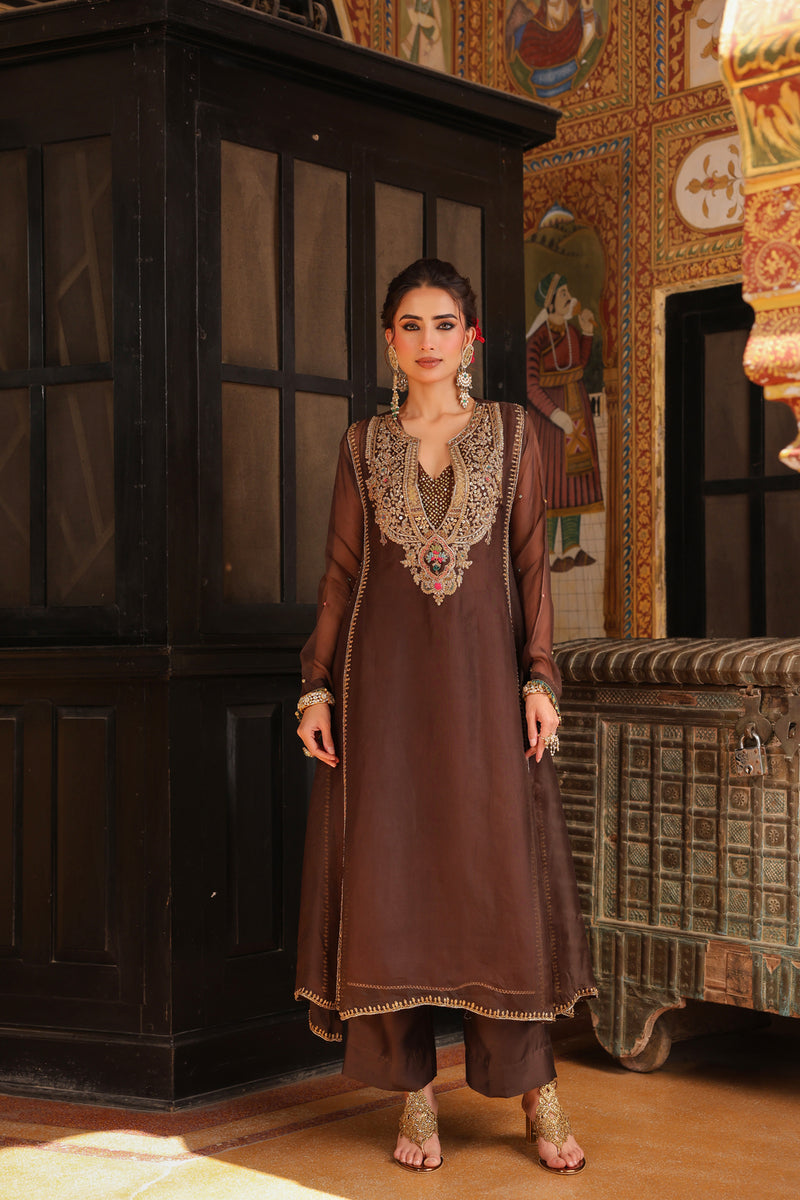 Ahista Brown Pakhi Yoke Pheran Long Kurta Set organza kurta/kurta set by Niti Bothra in brown for women Worldwide