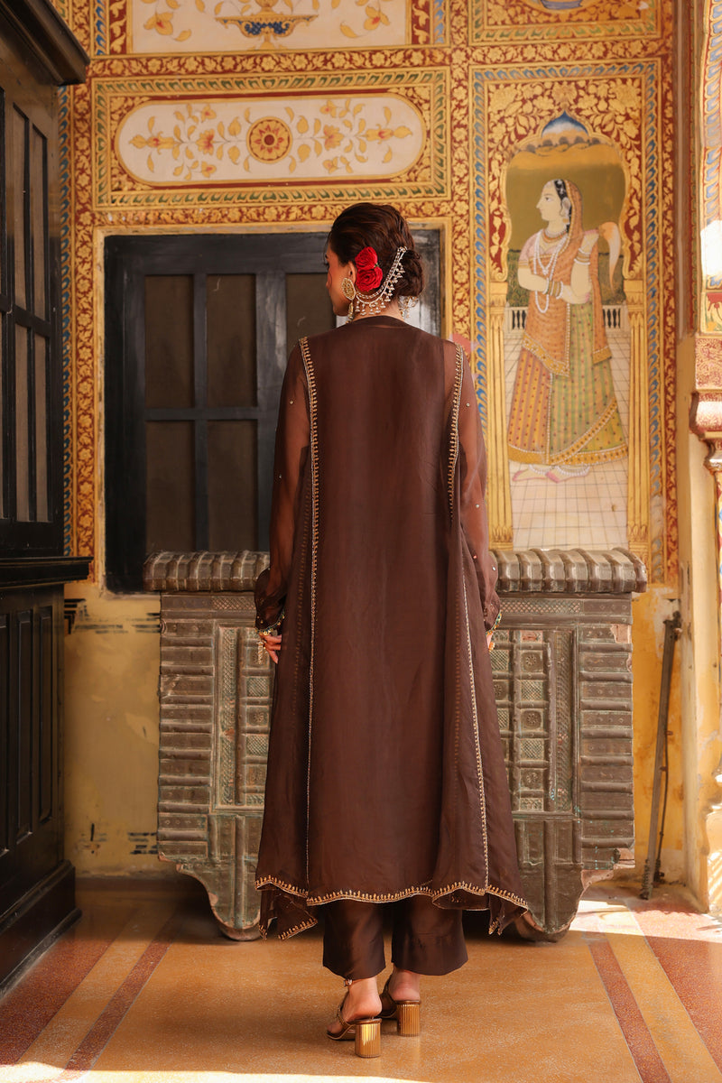 Ahista Brown Pakhi Yoke Pheran Long Kurta Set organza kurta/kurta set by Niti Bothra in brown for women Worldwide