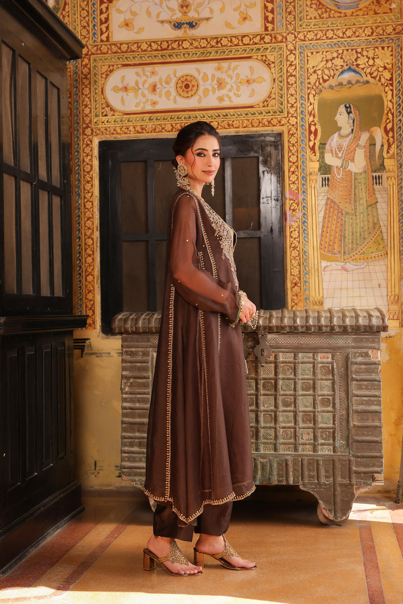 Ahista Brown Pakhi Yoke Pheran Long Kurta Set organza kurta/kurta set by Niti Bothra in brown for women Worldwide