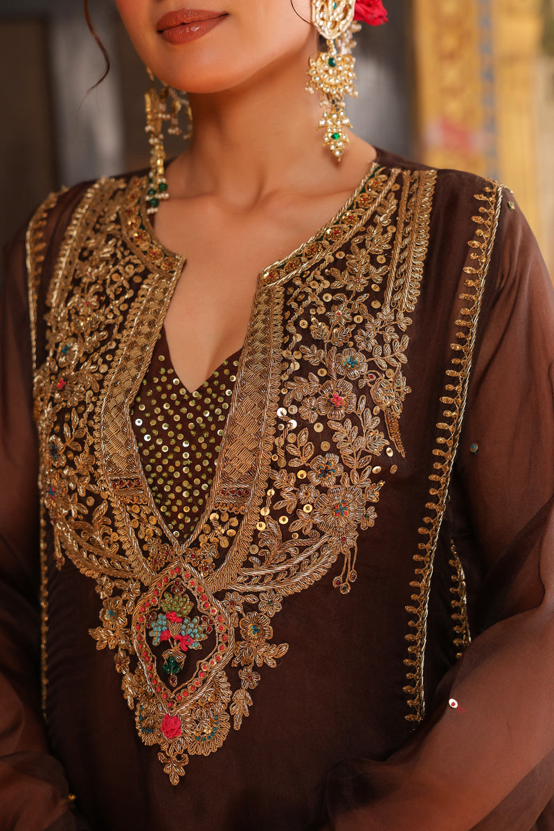 Ahista Brown Pakhi Yoke Pheran Long Kurta Set organza kurta/kurta set by Niti Bothra in brown for women Worldwide