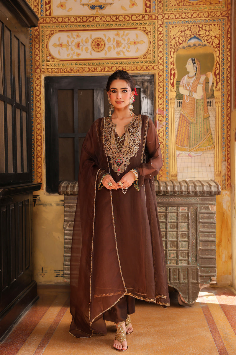 Ahista Brown Pakhi Yoke Pheran Long Kurta Set organza kurta/kurta set by Niti Bothra in brown for women Worldwide