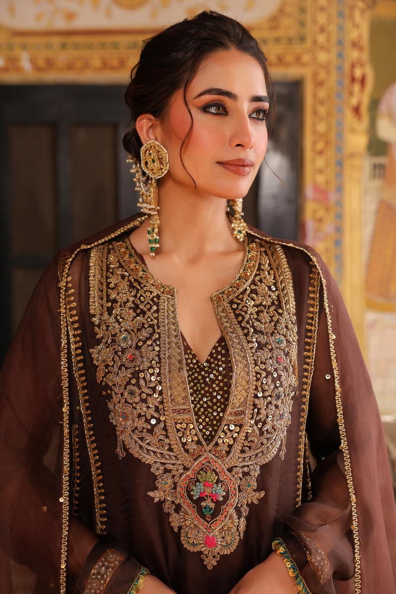 Ahista Brown Pakhi Yoke Pheran Long Kurta Set organza kurta/kurta set by Niti Bothra in brown for women Worldwide